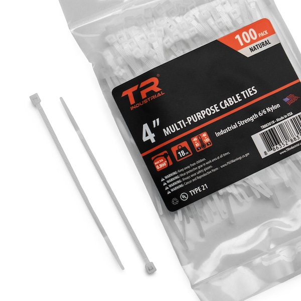 Cable Tie, 4 in L, Natural, Nylon 6/6, 18 lb Strength, 500 PK
